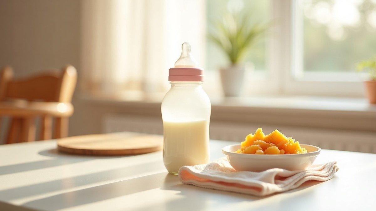 Baby bottle, burp cloth, and a small bowl of food on a sunlit kitchen counter with a highchair behind