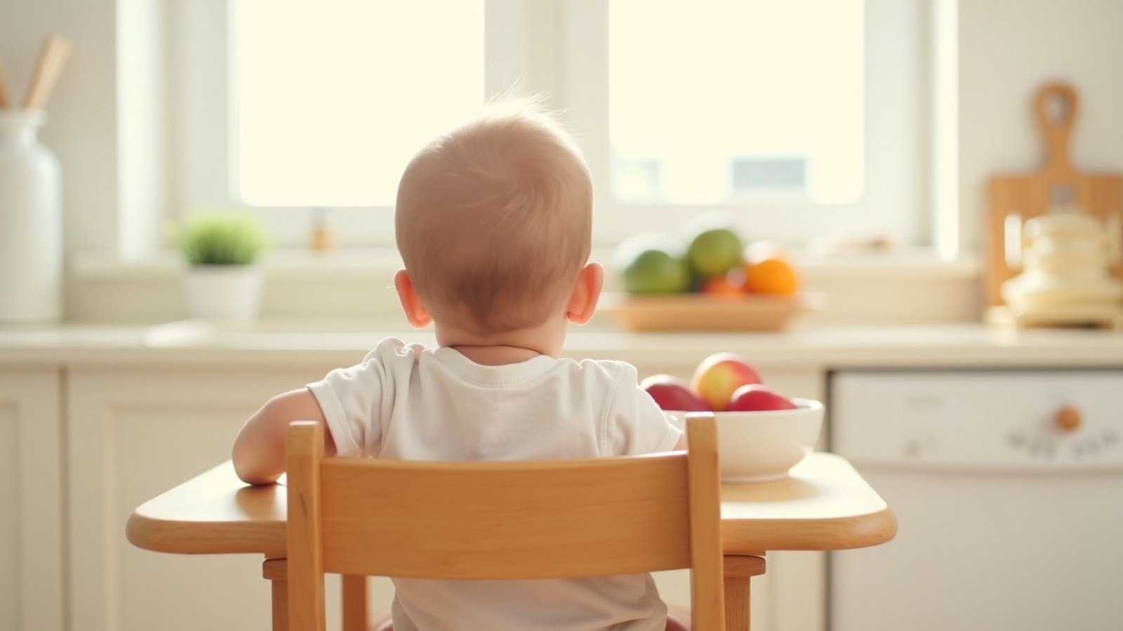 Baby in a wooden highchair exploring soft finger foods on the tray in a sunlit kitchen