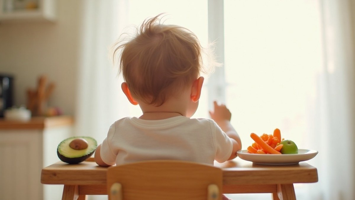 Baby in a high chair reaching for soft finger foods like avocado and steamed vegetables on the tray