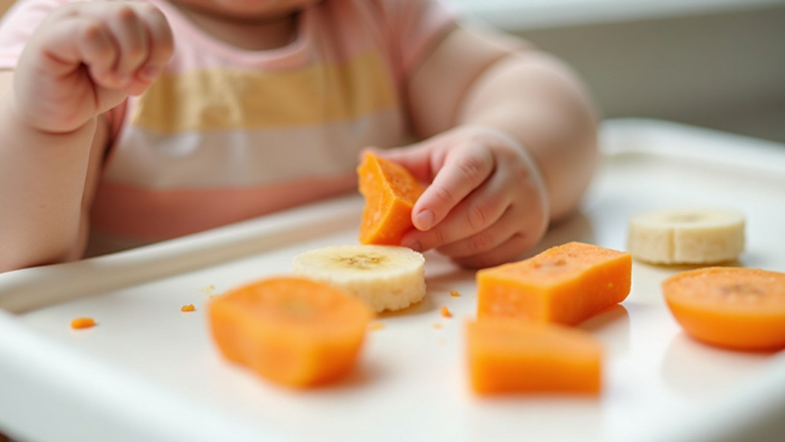Close-up of a baby's hands holding a strip of sweet potato over a high chair tray with soft foods nearby
