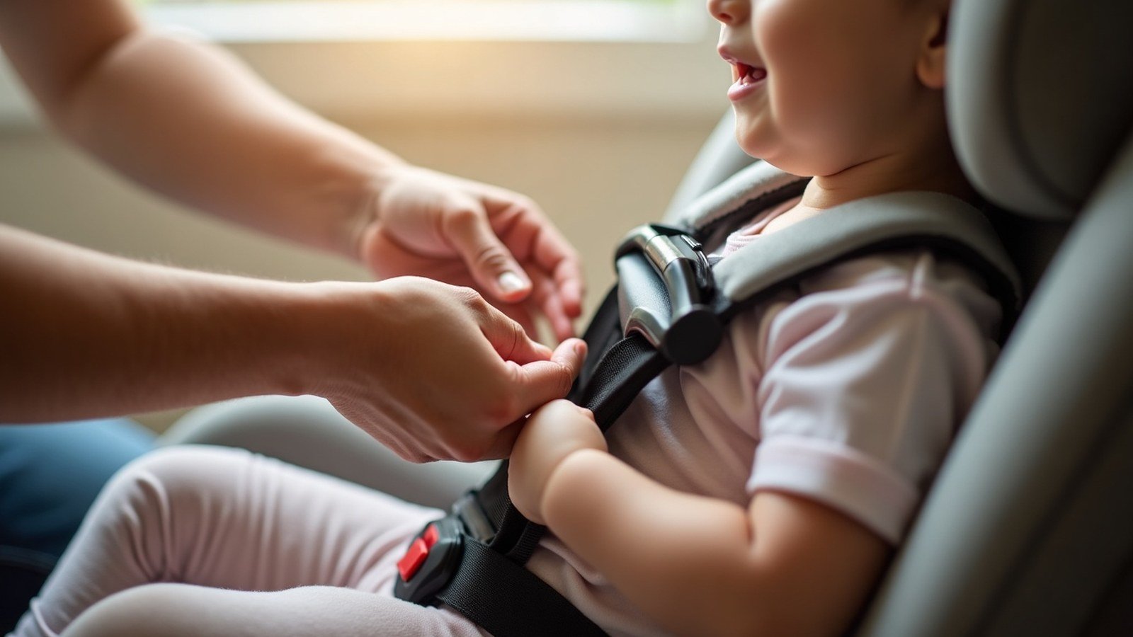 Parent's hands fastening the five-point harness on a convertible car seat