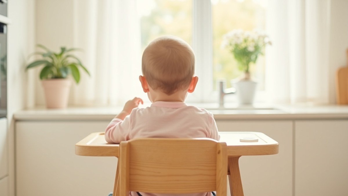 Baby in a high chair reaching for soft mashed first foods on the tray