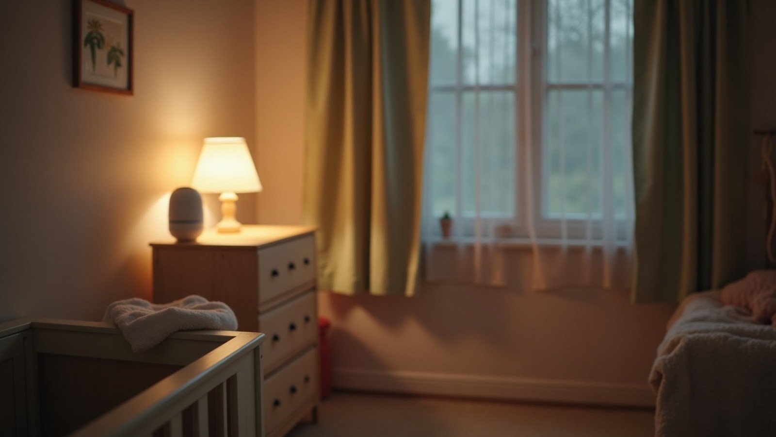 Dim, restful nursery at night with a white noise machine and softly lit crib