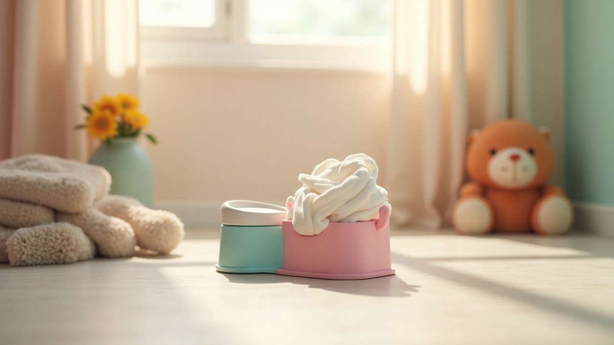 Toddler potty on a bright bathroom floor with little underwear folded nearby
