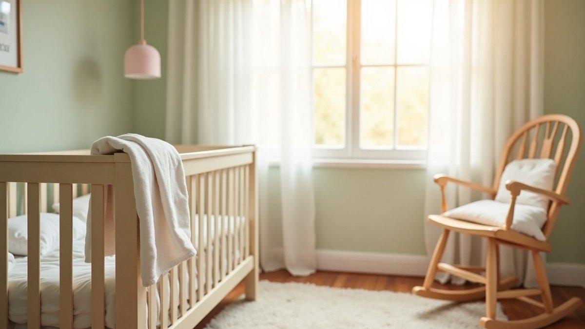 Calm sunlit nursery with a crib and a rocking chair set up for a gentle bedtime routine