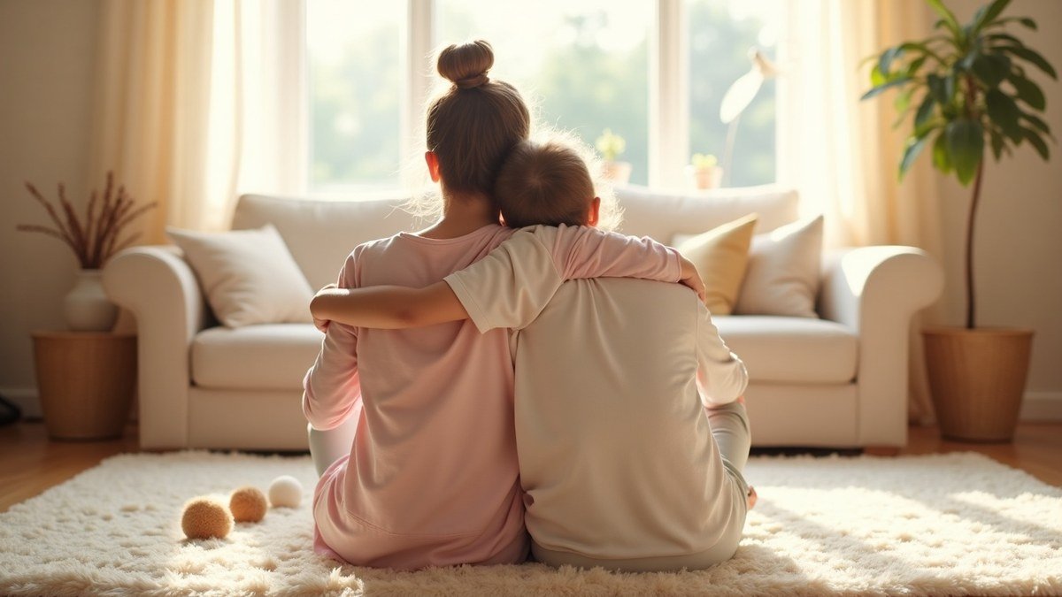 A calm parent kneeling to comfort a crying toddler in a warm, sunlit living room
