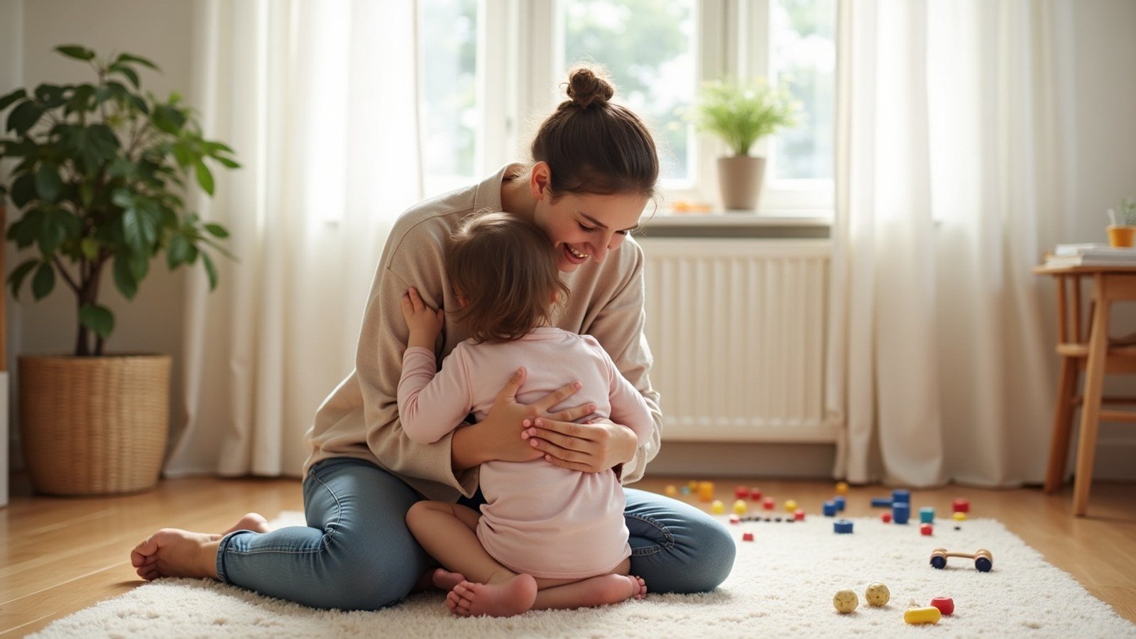A parent and toddler hugging on the living room floor after calming down